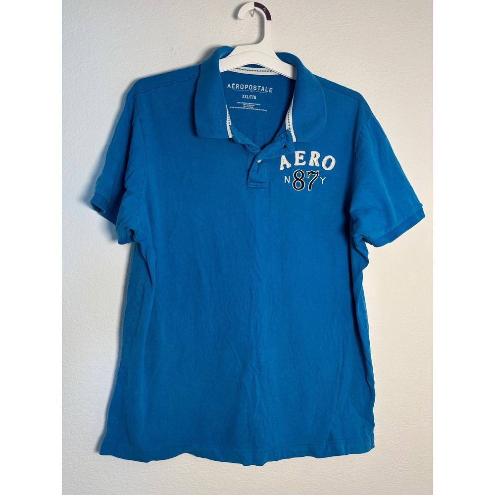 Aeropostale Mens XXL Blue Aero 87 Graphic Short Sleeve Pique Polo Shirt